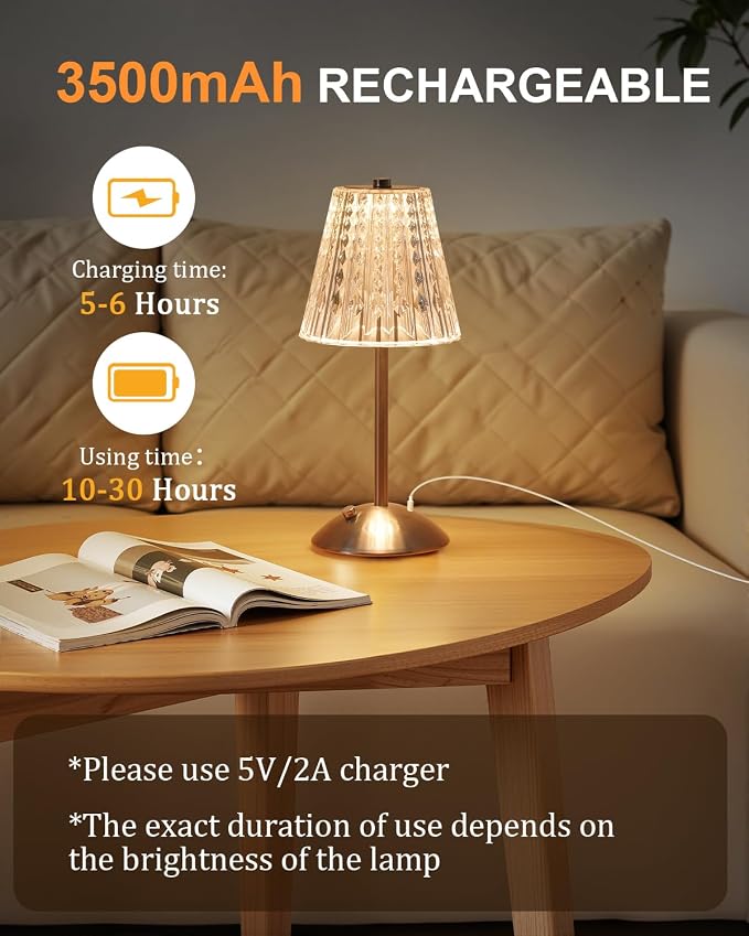 Nusogon 2 Pack Cordless Touch Table Lamp, LED Rechargeable Small Dask Lamp | 3 Colors Dimmable Silver Battery Operated Crysta Lamp for Bedroom Restaurant Kitchen Home Decor
