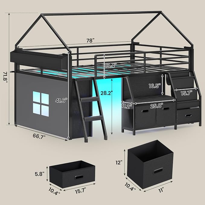ADORNEVE Low Loft Bed Full Size with Bookshelf, Reading Nook & 3 Drawers | Black Kids Loft Bed, LED Light, Storage Drawers, Under-Bed Play Space,Safety Guardrail, Inclined Ladde, Play Curtain