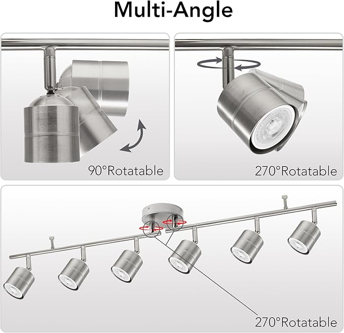 6-Light Brushed Nickel Track Lighting Kit with GU10 LED Bulbs - 44.5” Adjustable Ceiling Spotlight Fixture, 270° Swivel & 90° Tilt for Kitchen, Living Room, Dining Room, Gallery Display