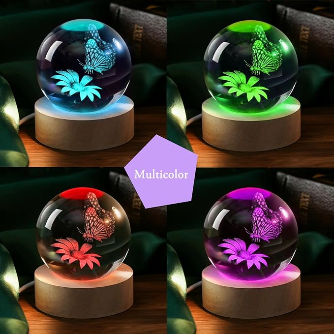 IFOLAINA Butterfly Crystal Ball Gifts Ideas for Girlfriend Wife Mom Couple Her Bithday Mothers Day 3D Butterfly on Sunflower Night Light Decorative Globes Room Decor