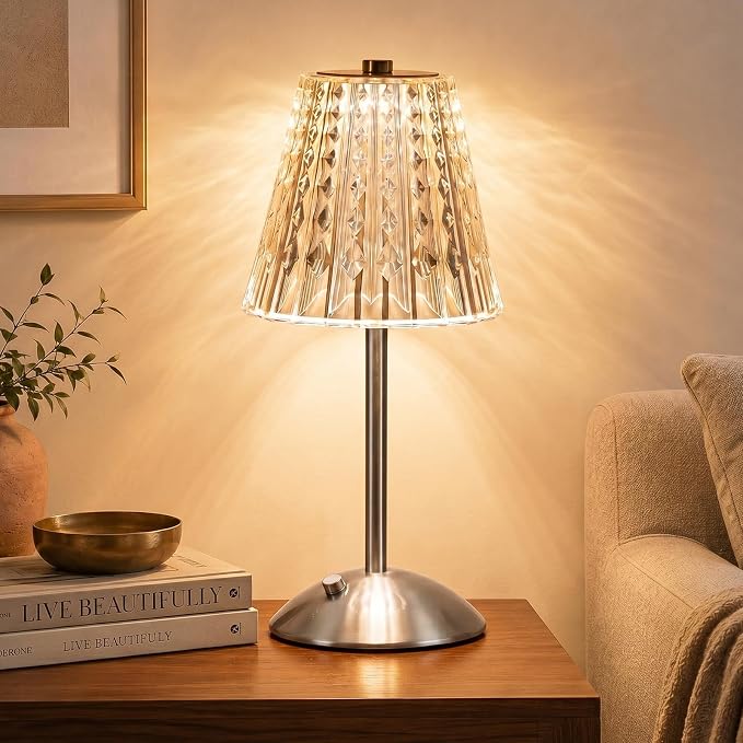 Nusogon Cordless Touch Table Lamp, LED Rechargeable Small Dask Lamp | 3 Colors Dimmable Silver Battery Operated Crystal Lamp for Bedroom Restaurant Kitchen Home Decor