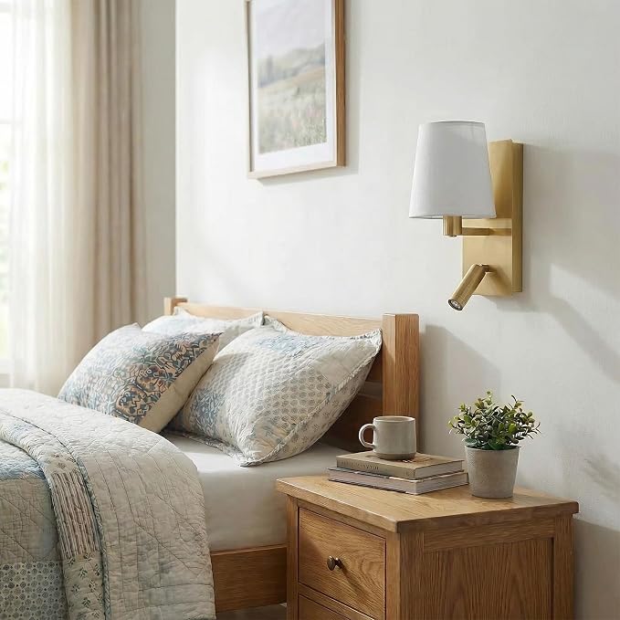 12.1" Wall Sconce with Shade & Reading Light, White Fabric Wall Lamp for Bedroom, Gold Bedside Wall Light with LED Reading Light 3000K 205 lm, Dual Switch, E12 Max 10W Bulb Not Included