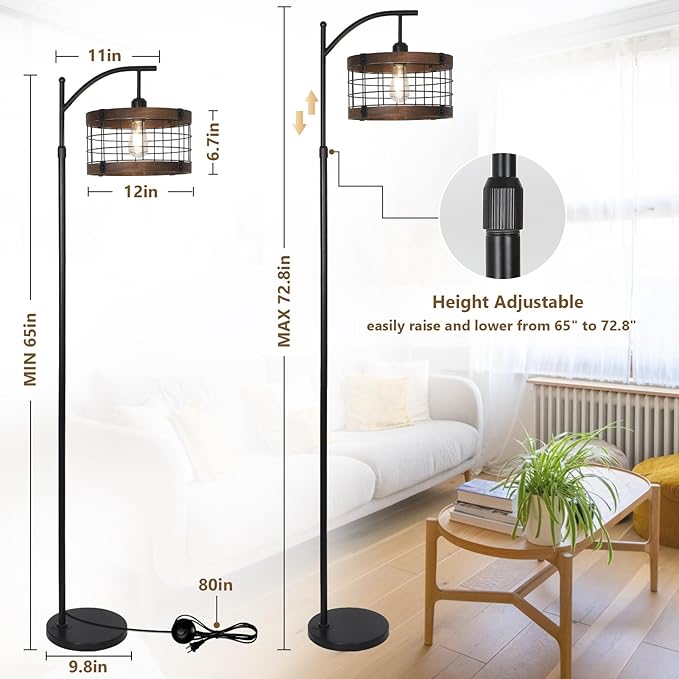 Arc Floor Lamp with Remote & Dimmable LED Bulb, Vintage Wood Floor Lamps for Living Room, Industrial Black Standing Lamp with 3 Color Temperature, Farmhouse Rustic Tall Lamp for Bedroom Office Corner