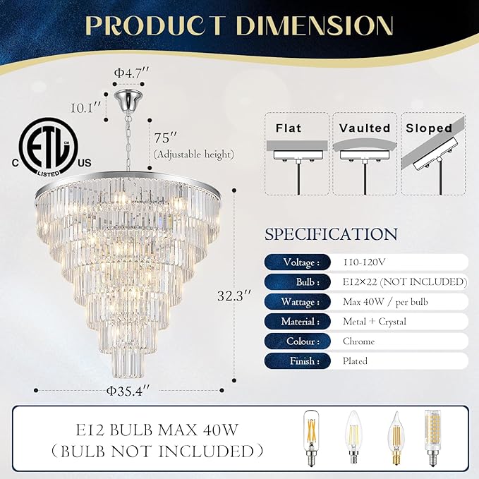 Chrome Crystal Chandelier Large 36" Modern Round Staircase Chandeliers 22 Lights 7-Tier Luxury K9 Crystal Ceiling Pendant Light Fixture for Tall Ceiling Living Room Foyer