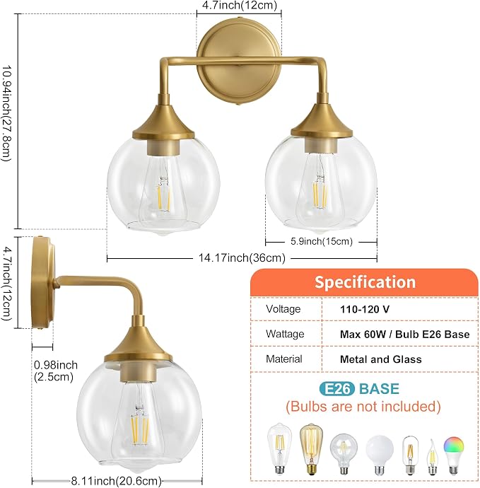 Gold Bathroom Vanity Light 2-Light Modern Vanity Lights 14" | Farmhouse Vanity Lighting Fixtures Over Mirror, Thickened Clear Glass Shade, UL E26 Dimmable Vanity Light Fixtures
