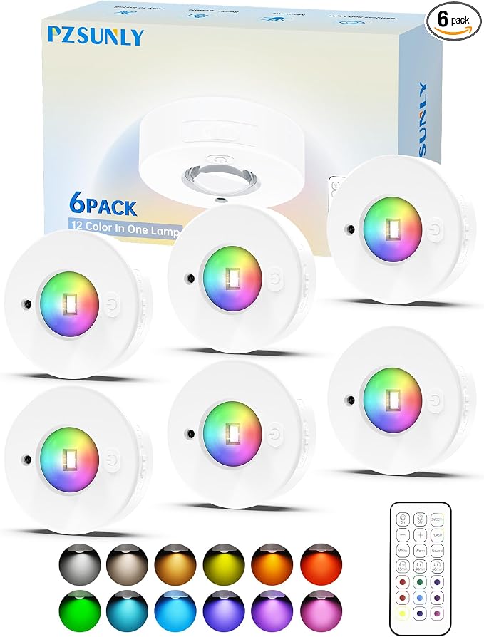 6 Pack Under Cabinet Lighting,Rechargeable Puck Lights with Remote | 1200mAh Battery Operated Tap Lights,RGB Dimmable Under Cabinet Lighting,Wireless Push Light,LED USB Shelf Light
