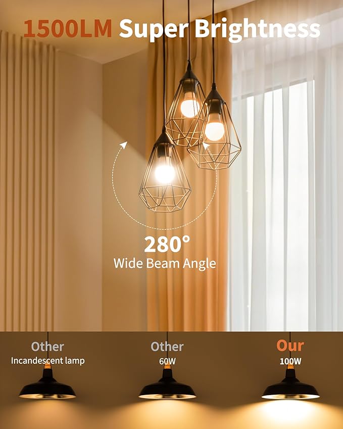 A19 LED Light Bulbs, 100 Watt Equivalent, 15W Soft Warm White 2700K, 1500 Lumens, E26 Standard Base, No Flicker Energy Saving Lamp Bulb for Home, Bedroom, Office, Living Room, Non-Dimmable, 3 Pack