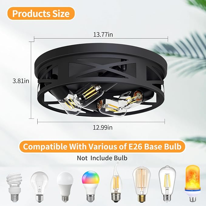 ZHU YAN Flush Mount Light Fixture,4-Light Ceiling Light Fixture for Hallway, Kitchen, Entryway - Black, E26 Base (1 Pack)