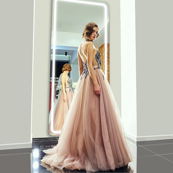 Antok LED Full Length Mirror with Light, 56"x20" Lighted Full Body Mirror with Stand, Dimmable & 3 Color Lighting Standing/Leaning/Wall Mounted Vanity Mirror for Bedroom Cloakroom Livingroom(Rect)