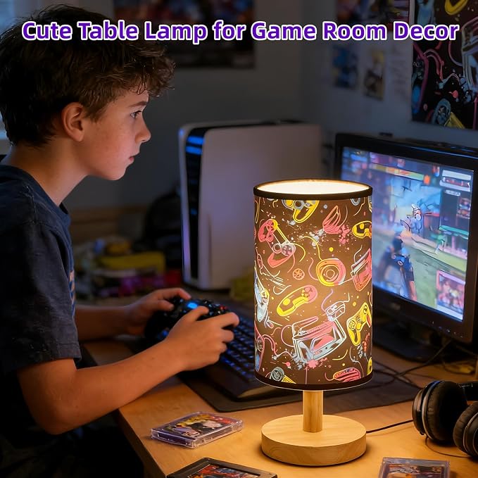 Gaming Table Lamp Video Game Desk Lamp for Bedroom Gaming Room Decor Lamps | 3 Lighting Modes LED Nightstand Night Light,Wood Gaming Themed Bedside Lamp for Boys Girls Teens Game Lovers Birthday Gifts
