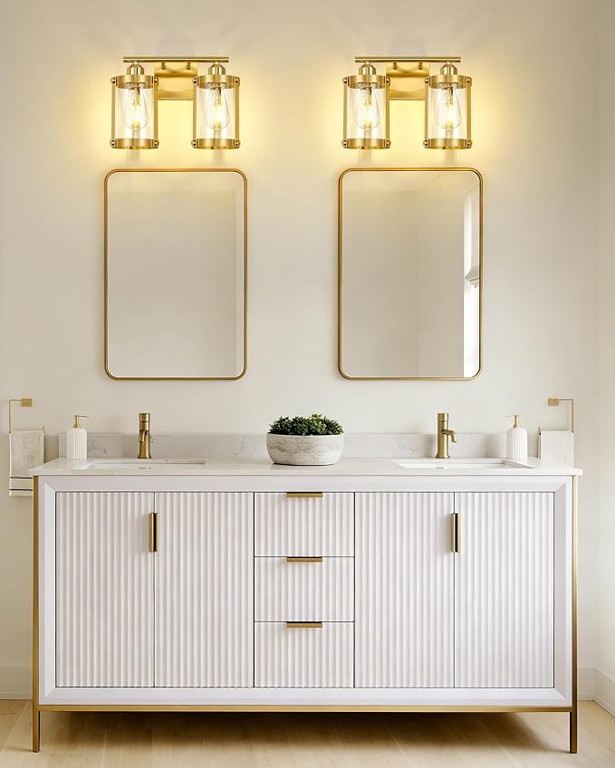 2-Light Brushed Gold Bathroom Light Fixtures, 13.8 Inch Modern Bathroom Vanity Lighting Fixtures Over Mirror with Clear Glass and Metal Cage Wall Sconce Lights for Bath, E26, OS-3014BG-2W