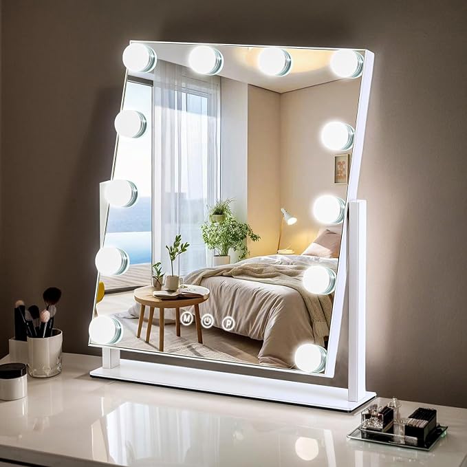 Vanity Mirror with Lights, 13'' x 11'' Lighted Makeup Mirror for Desk, Hollywood Mirror with 12 Dimmable Bulbs, 3 Color Modes, Smart Touch Control, 360°Rotation, Gifts for Girls, Women, Wife