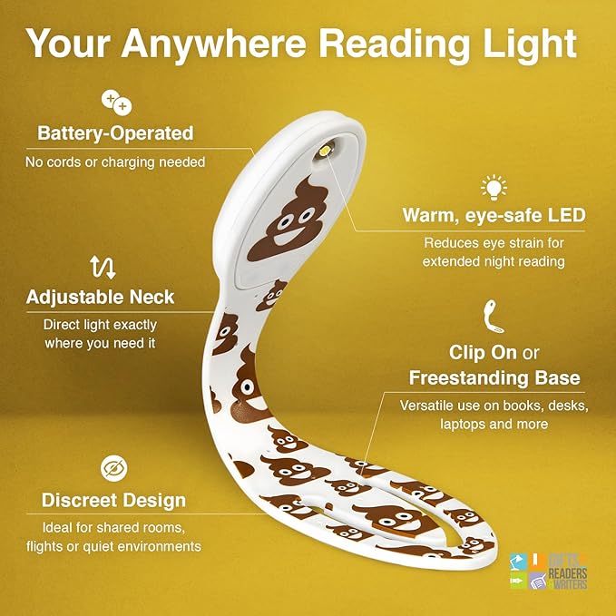 Gifts for Readers & Writers Book Light, Clip On Reading Light for Bed, 2in1 Flexilight & Bookmark, Small & Lightweight with a Soft Glow, 2 Batteries Included, Light Poo