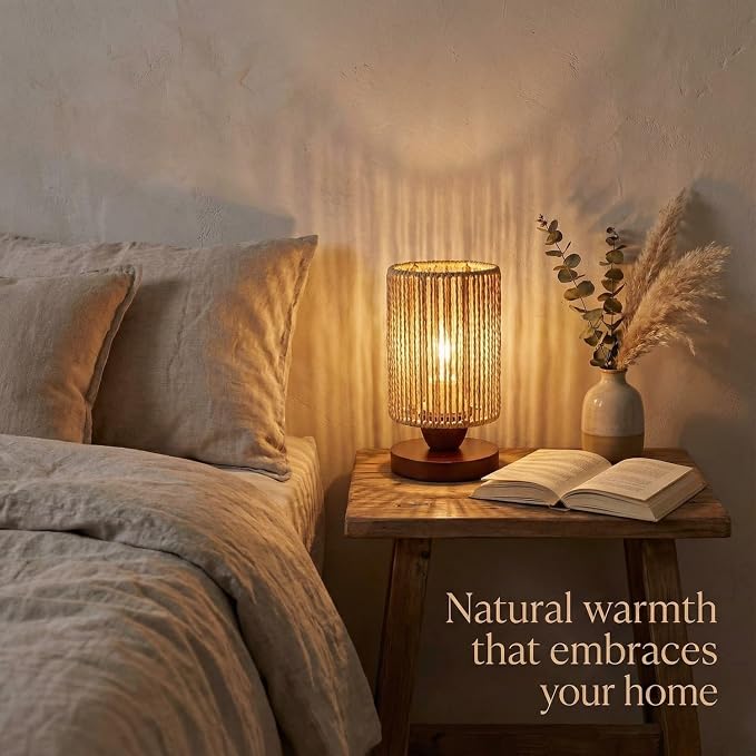 Small Rattan Table Lamp for Bedroom, Boho Bedside Lamp with Warm LED Bulb, Handwoven Wicker Nightstand Lamp for Nursery, Entryway & Dorm, Mini Ambient Night Light with Wood Base (8.6" Tall)
