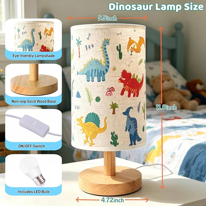 Dinosaur Lamp for Kids Bedrooms Bedside,Dinosaur Room Decor for Boys, 3-Way Dimmable LED Small Night Light with Linen Fabric Lampshade and Wood Base for Bedrooms Living Study,Dino Gifts for Boys