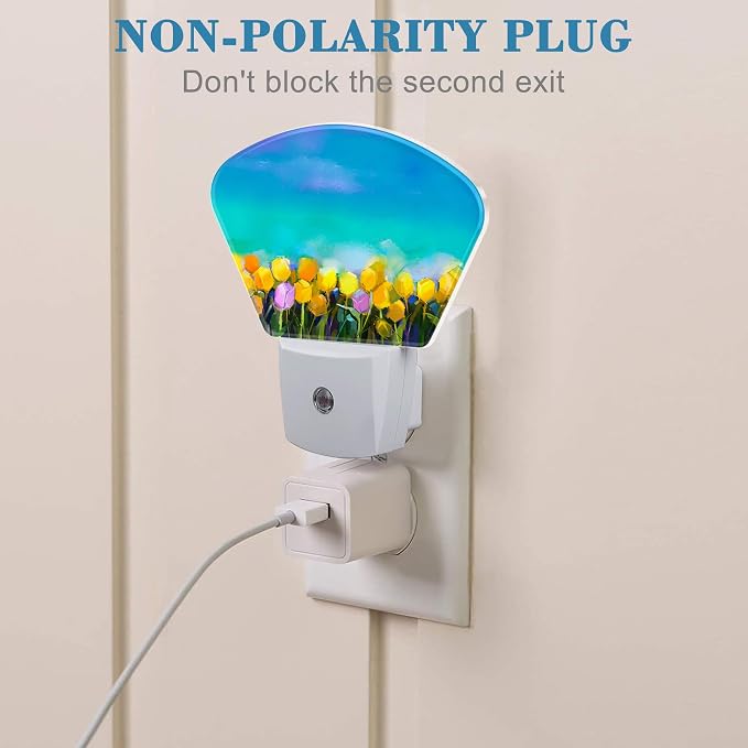 Tulips Flowers Oil Painting Night Light for Kids Girls Boys, Abstract Flower Painting LED Night Light Plug into Wall with Dusk to Dawn Sensor for Room, Hallway, Kitchen, Bathroom, Stairs Decor