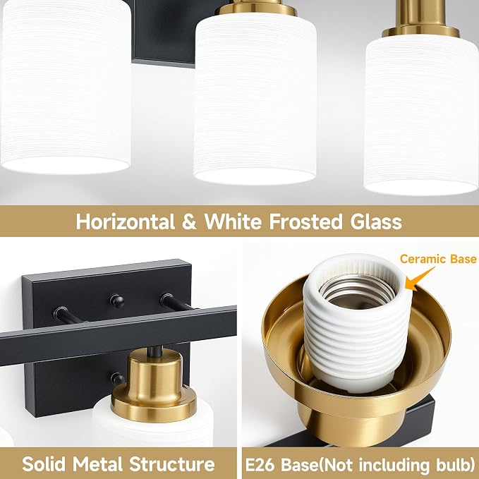 3-Light Vanity Lights,Black and Gold Bathroom Light Fixtures,17" | Modern Black Vanity Lights with White Frosted Glass Shade,Bathroom Lighting Fixtures over Mirror Wall Lamp Sconces