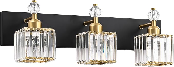 PRESDE 3-Light Crystal Bathroom Vanity Lights Black and Gold Bathroom Lights Fixtures Over Mirror Modern Bath wall Lighting