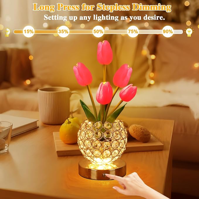 Birthday Gifts for Women Mothers Day Gifts/for Mom Tulip Table Lamp | 3 Color Crystal Flower Bedside Lamps Infinitely Dimming with USB Charge Small Night Light,Night stand Touch Lamp(red-tulip)