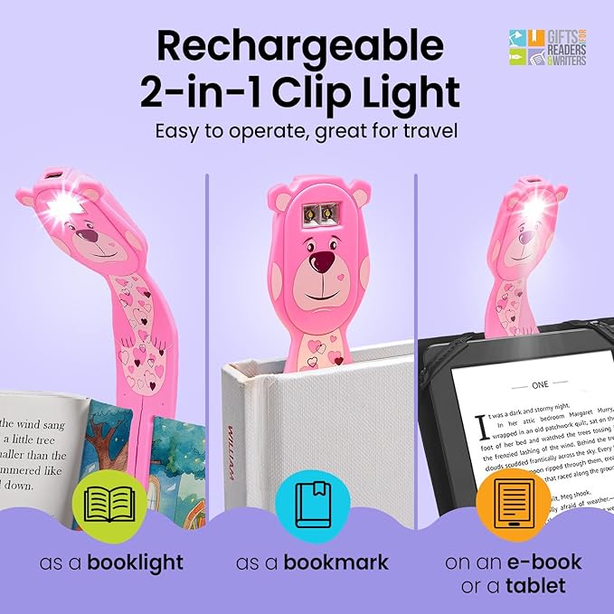 Gifts for Readers & Writers Rechargeable Book Light for Kids, Clip On Reading Light for Bed, 2in1 Flexilight Pals & Bookmark, 12 Hours of Light Once Charged, Includes USB Cable & 2 LED Lights, Bear