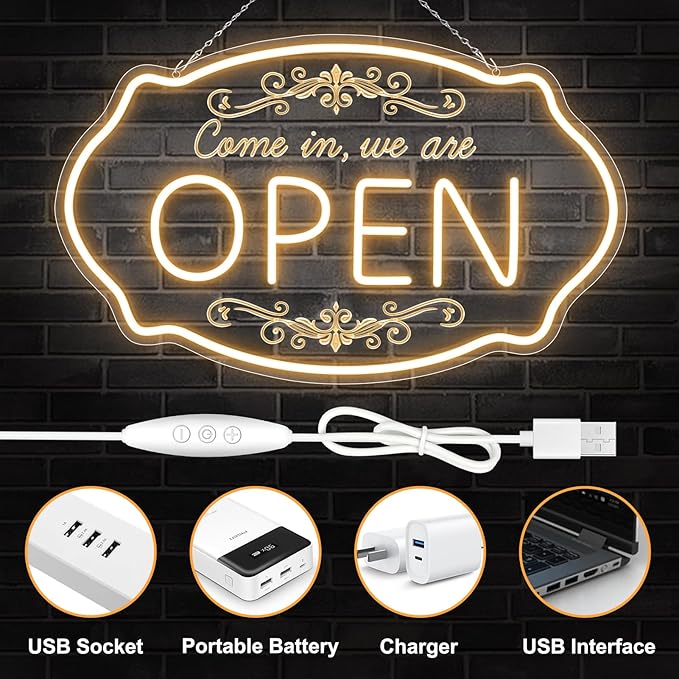LED Neon Open Sign for Business, 23.5x14'' Come in We’re Open Sign, Warm White Adjustable Brightness Neon Lights for Party, Bar,Salon, Stores, Hotel, Wall Decor, Clubs, Hotels
