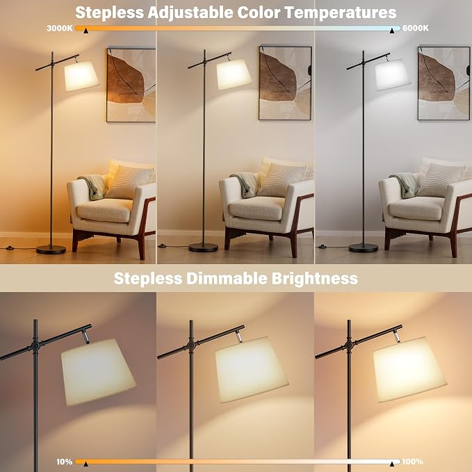 Floor Lamp with Linen Shade, Dimmable Tall Standing Lamp with Remote Control & 3 Color Temperatures Bulb, Modern Swing Arm Floor Lamps for Living Room Bedroom Office Corner