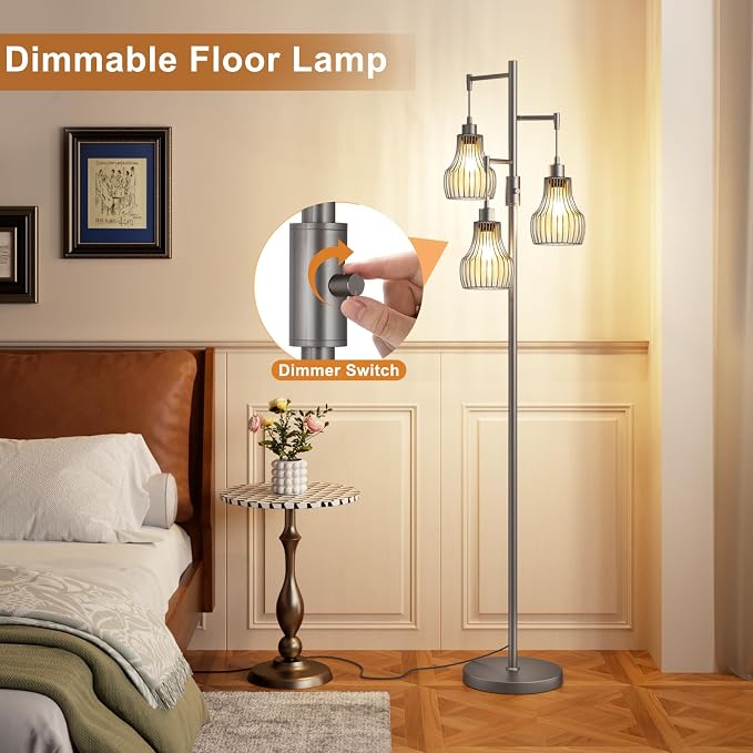 Ziisee Dimmable Floor Lamps for Living Room, Industrial Tree Standing Tall Lamps with 3 Elegant Cage Shade for Bedroom Office - Grey