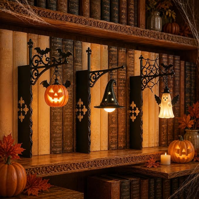 Library Lantern-Decorative Bookshelf Lighting, Reading Nook LED Nightlight, Metal Bookcase Lamps, Vintage Table Desk Luminaires, Studious Home Room Ornament (DEF-3Pcs)