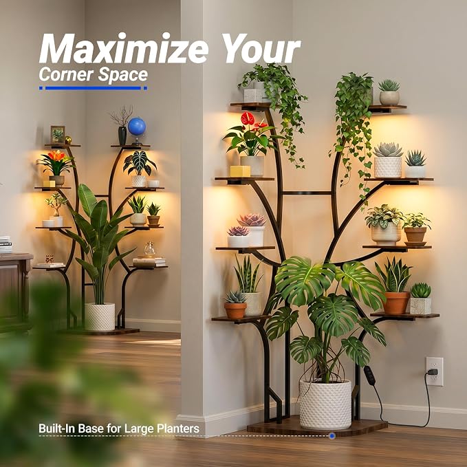 Barrina LS13 Corner Plant Stand with Grow Lights, 9-Tier, Full Spectrum | 63.8" Tall Plant Shelf, Warm T5 Grow Light, Timer, Tree-Shape Corner Flower Holder for Living Room, Home Decor, Gardening