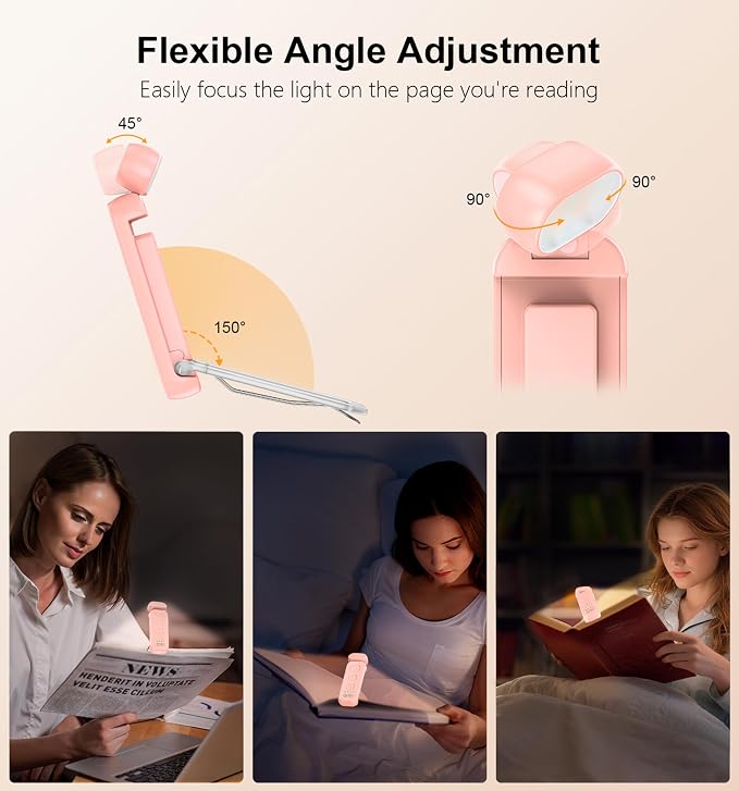 Gritin Reading Light, Rechargeable Book Light for Reading in Bed | Eye Caring 3 Color Temperatures, 5-Level Dimmable Brightness, Long Lasting, Compact Size Clip on Book Lamp for Bookworms-Pink