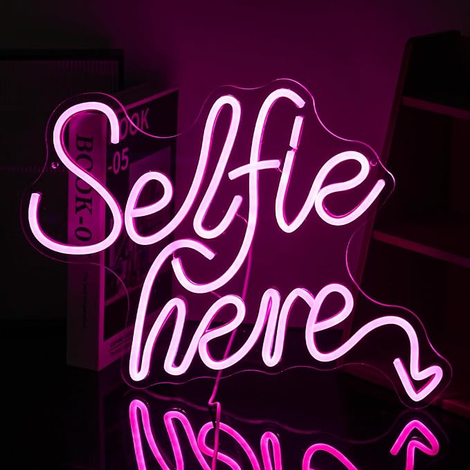 Selfie Here Neon Sign Dimmable Pink Words Light Up Sign for Wall Decor Selfie Led Neon Light for Selfie Station Photo Studio Bedroom