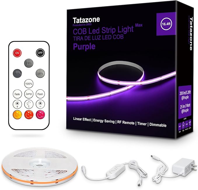 16.4ft Purple COB Led Strip Lights with Remote, Dimmable Bright Dotless Adhesive Indoor Led COB Light Strip for Cabinet, Painting, Room, Bed
