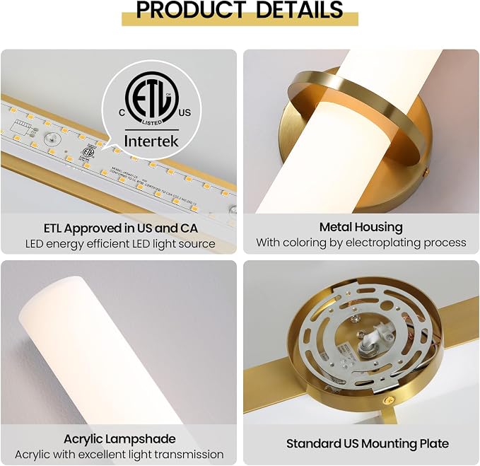 Hardwired Wall Sconces Set of Two 18 Inch Gold Bathroom Wall Sconces 18W 2700K-5000K LED Dimmable Modern Wall Lights with Acrylic Lampshade Brushed Gold Sconces for Bedroom Living Room Hallway