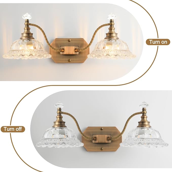 Vintage Bathroom Light Fixtures, 2 Light Brass Vanity Lights with Crystal Glass Flower Shade, Retro Wall Sconce for Bedroom, Living Room, Hallway