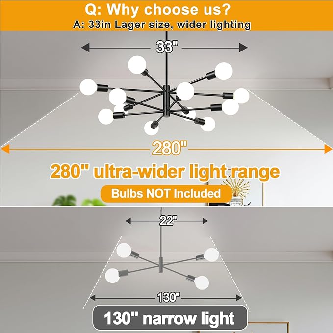 33" Modern Chandelier Ceiling Light Fixture, 12-Light Sputnik Chandeliers Matte Black Mid Century Chandelier Over Table, Height Adjustable Chandeliers for Dining Room Living Room (Bulbs Not Included)