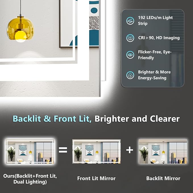 72x40 LED Bathroom Mirror, Backlit & Front Lit Lighted Mirror | Anti-Fog Vanity Mirror with Lights, 3 Color Dimmable, Memory, Shatterproof, Tempered Glass, CRI95, UL Listed, Wall Mounted