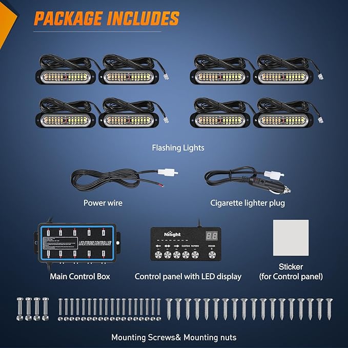 Nilight 8PCS Led Strobe Lights with Controller 12V 24V Sync Feature Amber White Strobe Light 12 LED Surface Mount Emergency Hazard Warning Lights with Strobe Controller for Vehicle Car Truck RV ATV