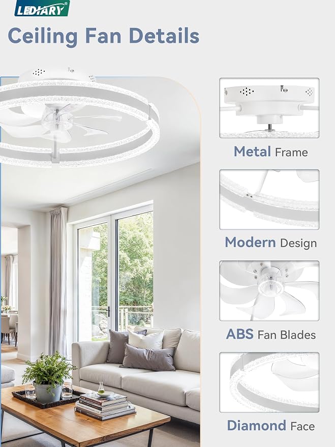LEDIARY Ceiling Fans with Lights and Remote, 20'' Low Profile Ceiling Fan with Light, 3000-6000K Dimmable Fandelier Ceiling Fans, Modern Flush Mount Fan Light for Bedroom with 6 Wind Speeds- White | 3000-6000K Dimmable LED, 6 Wind Speeds, Quiet Reversi...