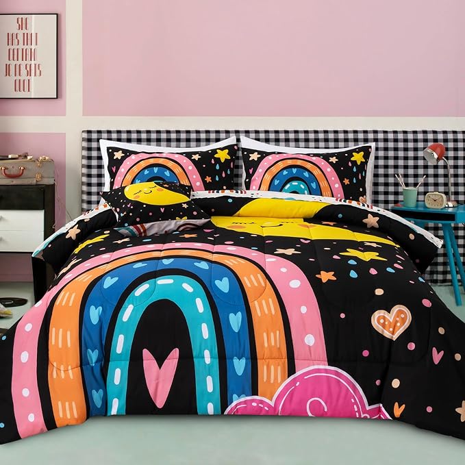 A Nice Night Bedding 6 Pcs Cartoon Rainbow Bedding Set with Smile Moon Printed for Boys Girls Bed Comforter Sets (Black, Twin)