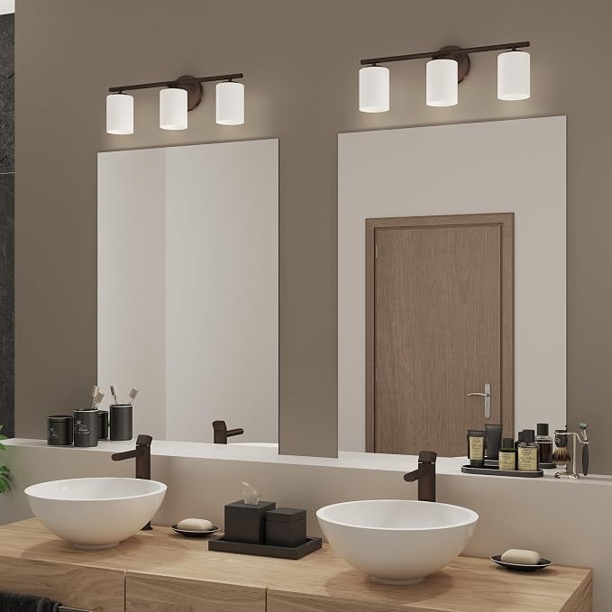 Progress Lighting Replay Collection 3 Light Bathroom Vanity Light, Modern Bath Lighting Fixture with Etched White Glass Shades for Over the Mirror, Reversible Mounting, Antique Bronze