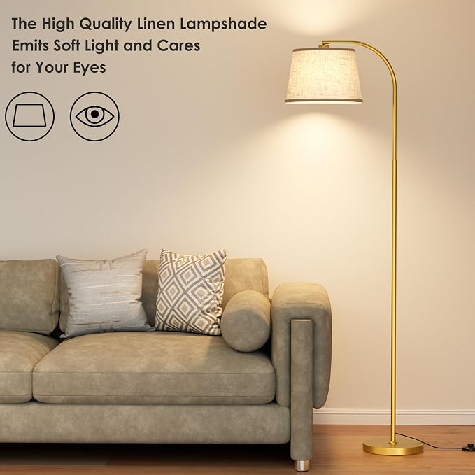 Karjoefar 64" 3 Color Dimmable Gold Arc Floor Standing Lamp with Remote | Floor Lamp with Adjustable Linen Shade, 350° H & 180° V Rotation, 9W Bulb, Floor Lamps for Living Room, Bedroom & Office