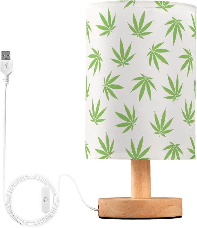 Table Lamp Green Marijuana Leaf Cannabis Weed Leaves on White Nightstand Lamp with Wood Base Fabric Lamp Shade Bedside Desk Lamp for Living Room Bedroom Kids Room Office