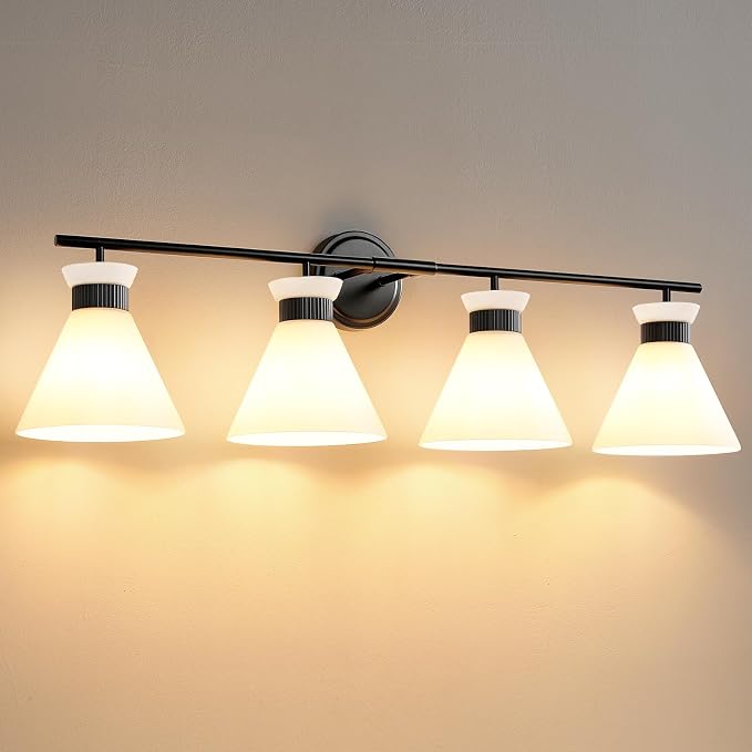 Black Bathroom Vanity Light Fixtures: Bathroom Lighting Fixtures over Mirror 36 inch with Milky White Frosted Glass, 4 Bulbs Farmhouse Vintage Vanity Lighting Bathroom Wall Light(Exclude Bulb)