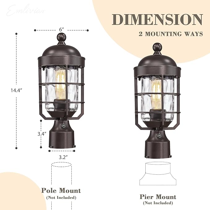 Emliviar Set of Two 14.4" Pillar Lights Outdoor, Dusk to Dawn Farmhouse Oil Rubbed Bronze Outdoor Post Lamp with Water Ripple Glass Shade, GE255P-L-PC-2 ORB-WG