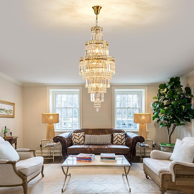 YYJLX Modern Crystal Chandelier 8 Light Long Chandelier for High Ceiling Luxury Gold Hanging Pendant Light for Dining Room Living Room Staircase Foyer Entryway