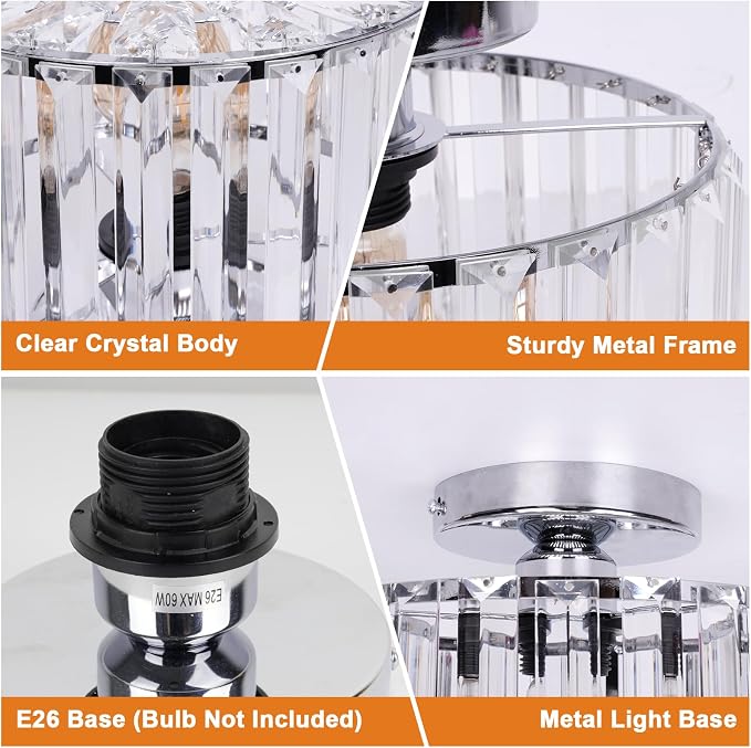 FRIDEKO HOME Crystal Ceiling Light - Small Crystal Chandelier Semi Flush Mount Ceiling Light Fixture Modern Lights for Hallway Bathroom Kitchen Entryway (9.05 Inch, Bulb not Included)