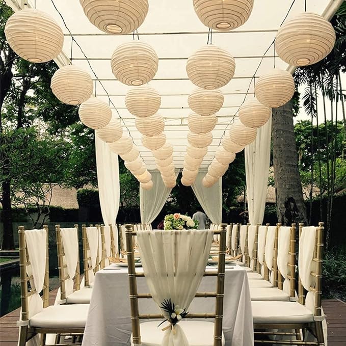 HAUSPROFI 12pcs White Paper Lanterns with LED Lights, Chinese Hanging Lanterns (6" 8" 10" 12") with Fishing Line, Paper Lanterns Decorations for Wedding Birthday Party Bridal Shower Home Outdoor Decor