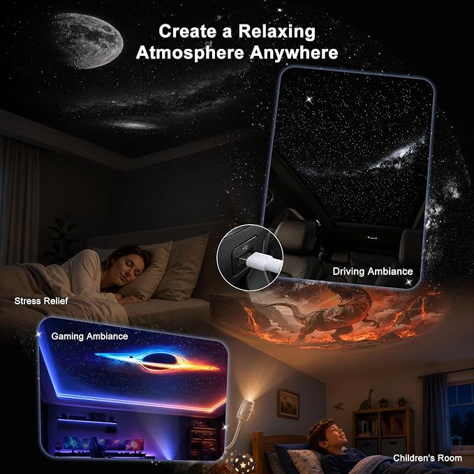 2-in-1 Galaxy Projector Night Light with 13 Films, USB Star Projector | Multicolour LED Light, 360° Rotating Projection, Adjustable Brightness, Easy Controls, Eye-Friendly Light, Ideal for Bedroom