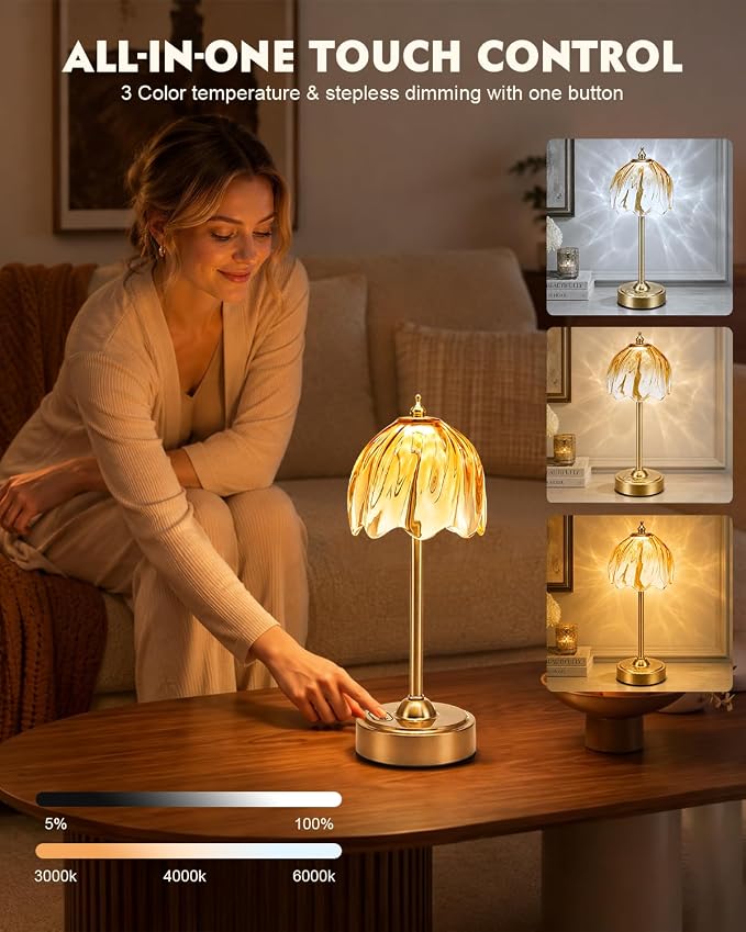 Nusogon Cordless Flower Table Lamp, 5200mAh Small Rechargeable Touch Lamp | 3 Color & Stepless Dimming, Amber Gradient Glass Desk Lamp for Bedroom, Office, Kitchen, Nightstand, Room Decor