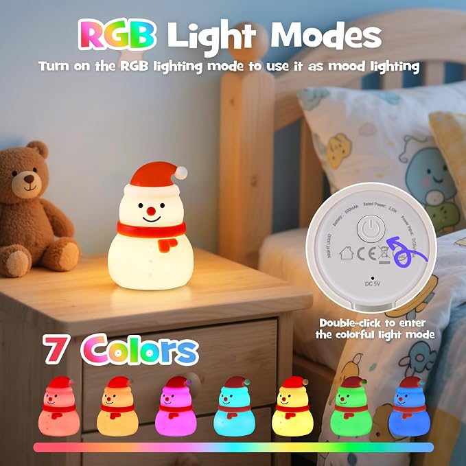 Squishy Christmas Snowman Night Light with RGB Modes Dimmable Nursery Breastfeeding Nightlight Hangable Cute Christmas Lamp Novelty Rechargeable Silicone Touch Bedside Lamp for Bedroom Dorm Decor